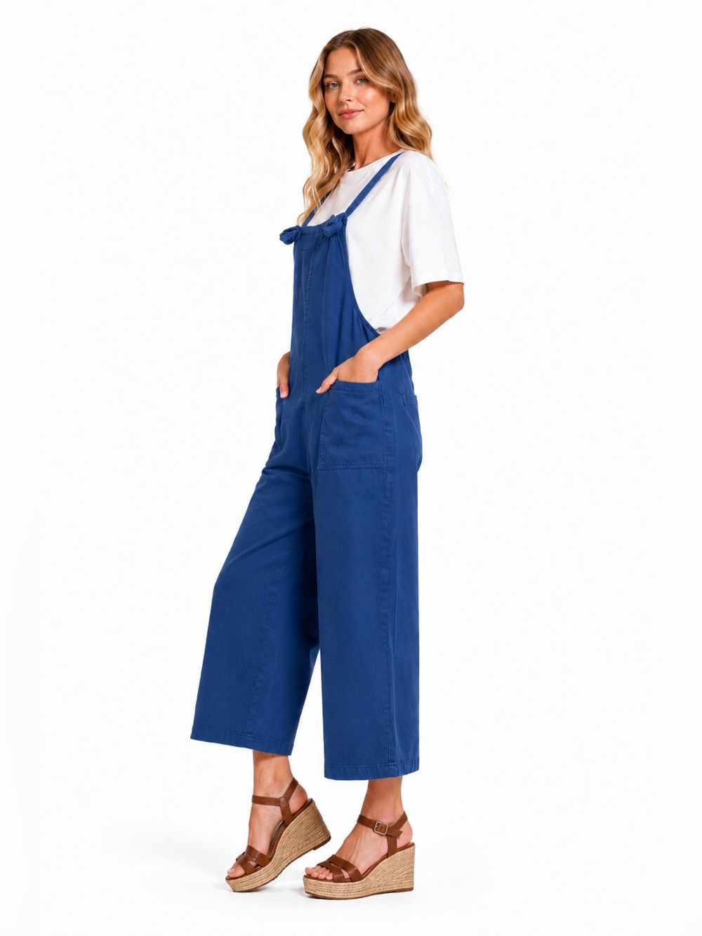 ZENANA ROYAL BLUE KNOT STRAP WIDE LEG CROPPED JUMPSUIT SIZE M - Picture 3 of 7